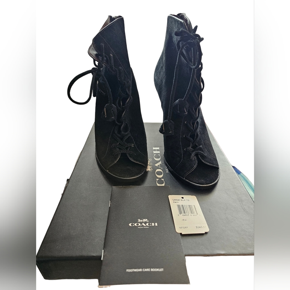 COACH Lena Lux Black Suede Lace Up Peep Toe Booties Box Tag 7M NEW IN BOX